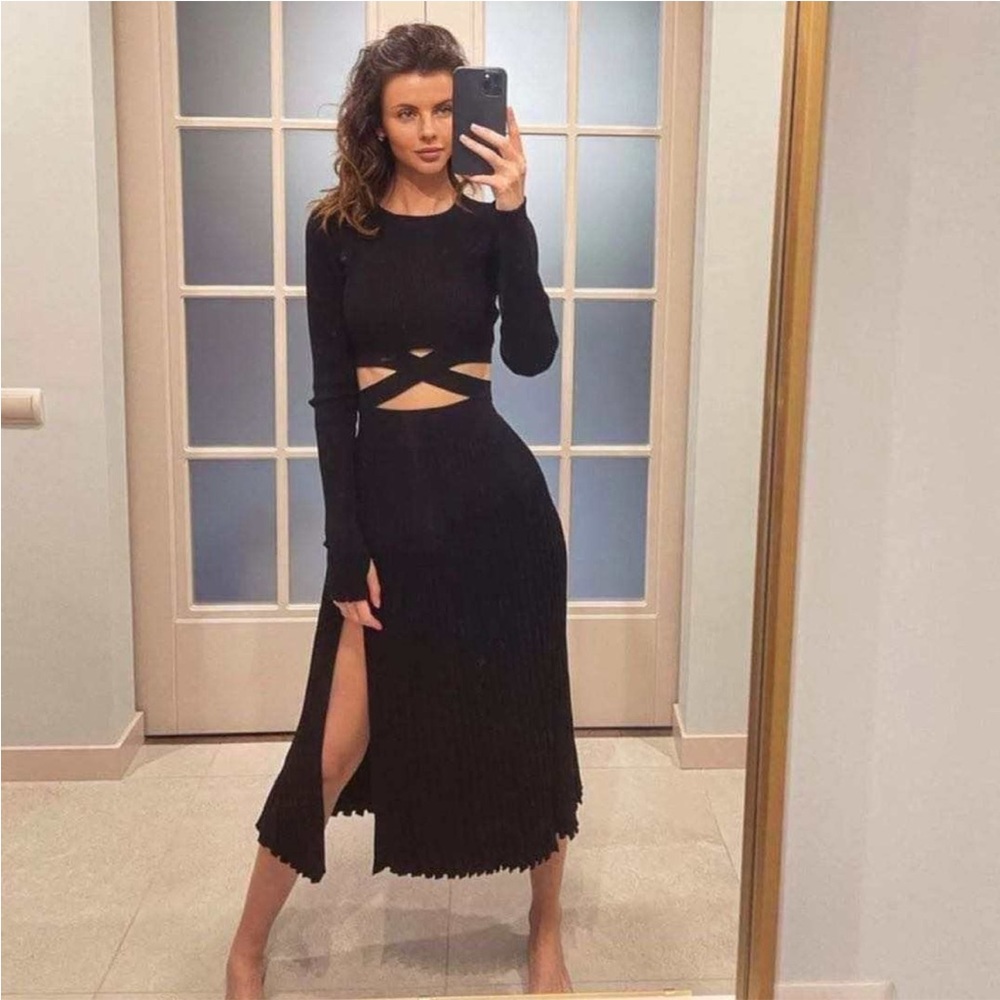 127. LAST 1! Black Wrap Long Sleeve Crop top Matching Pleat High Rise Skirt Set - Picture 8 of 12